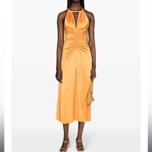 SANDRO RUCHED SATIN-EFFECT MAXI DRESS